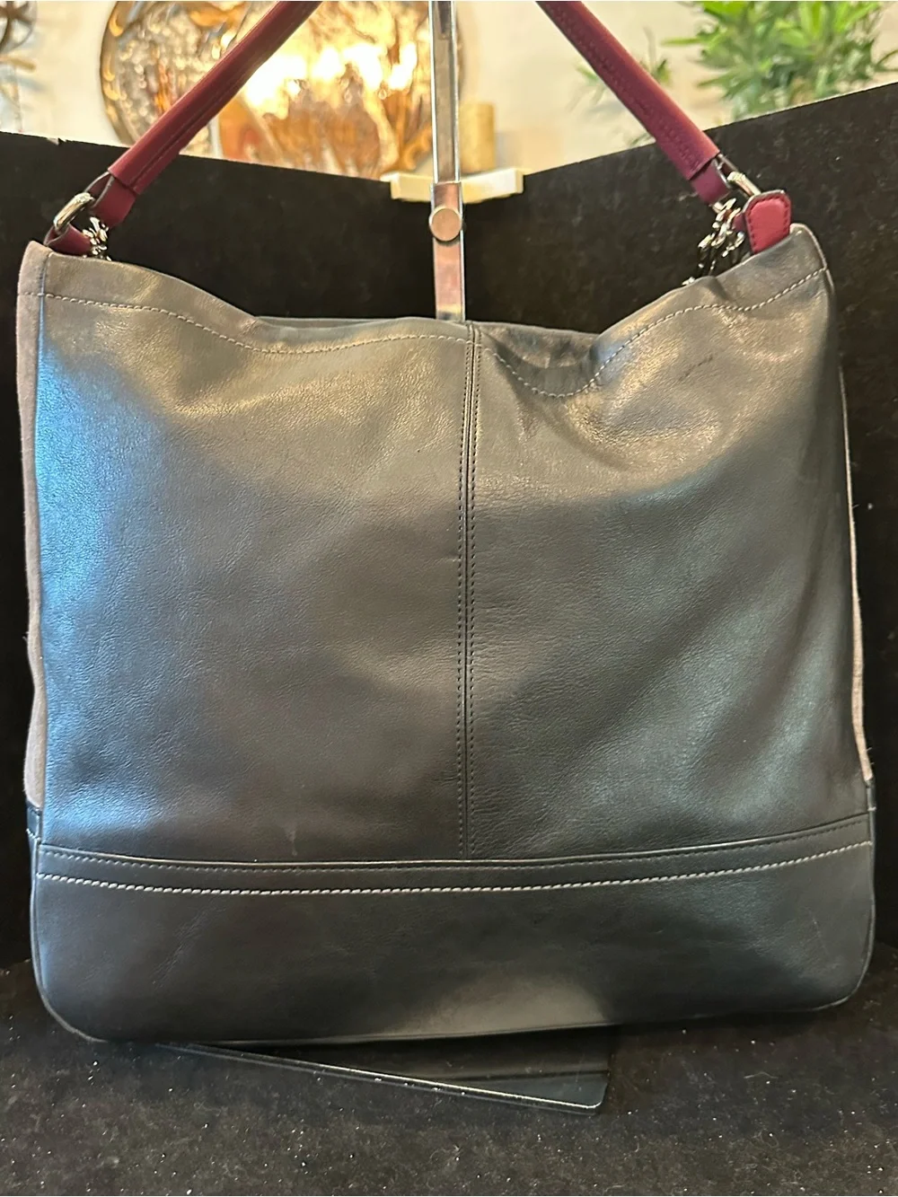 Coach#057 Park Quilted Leather & Suede Gray Black & Burgundy Hobo